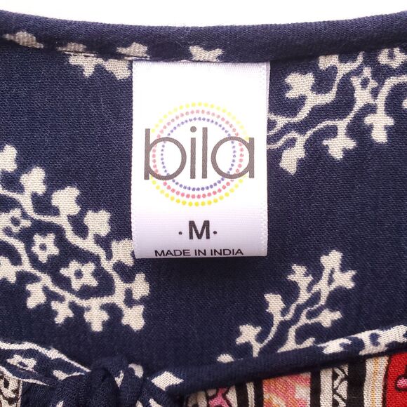 BILA Tunic Top Womens M Blue Red Floral Boho Peasant 3/4 Sleeve Tassel Paisley - Picture 4 of 14